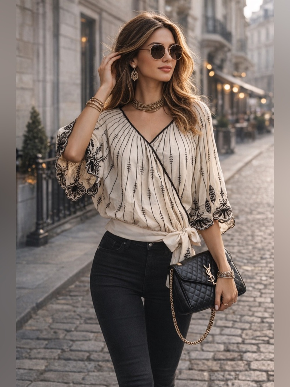 BLACK Women's Retro Art Deco Cream Black Sequins Wrap Batwing Blouse Top M